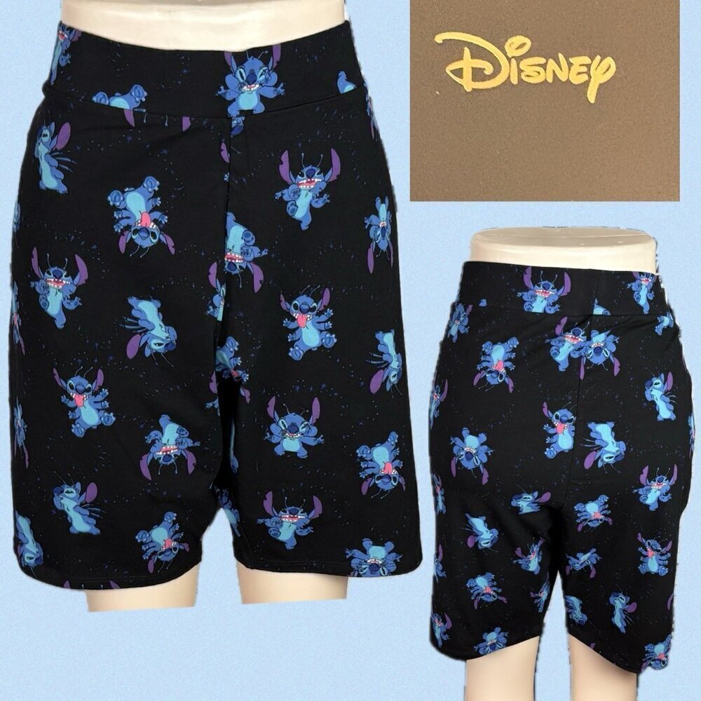 Disney +5 Black-Blue Lilo & Stitch Print Stretch Waistband Cotton Bike Shorts